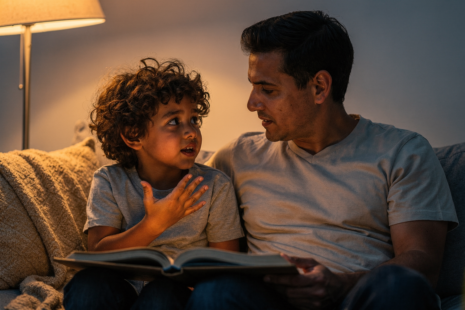 Editorial photo of a parent and a five-year-old boy mid-discussion about a chapter book they are reading together, used in an article about the best books for 5-year-olds