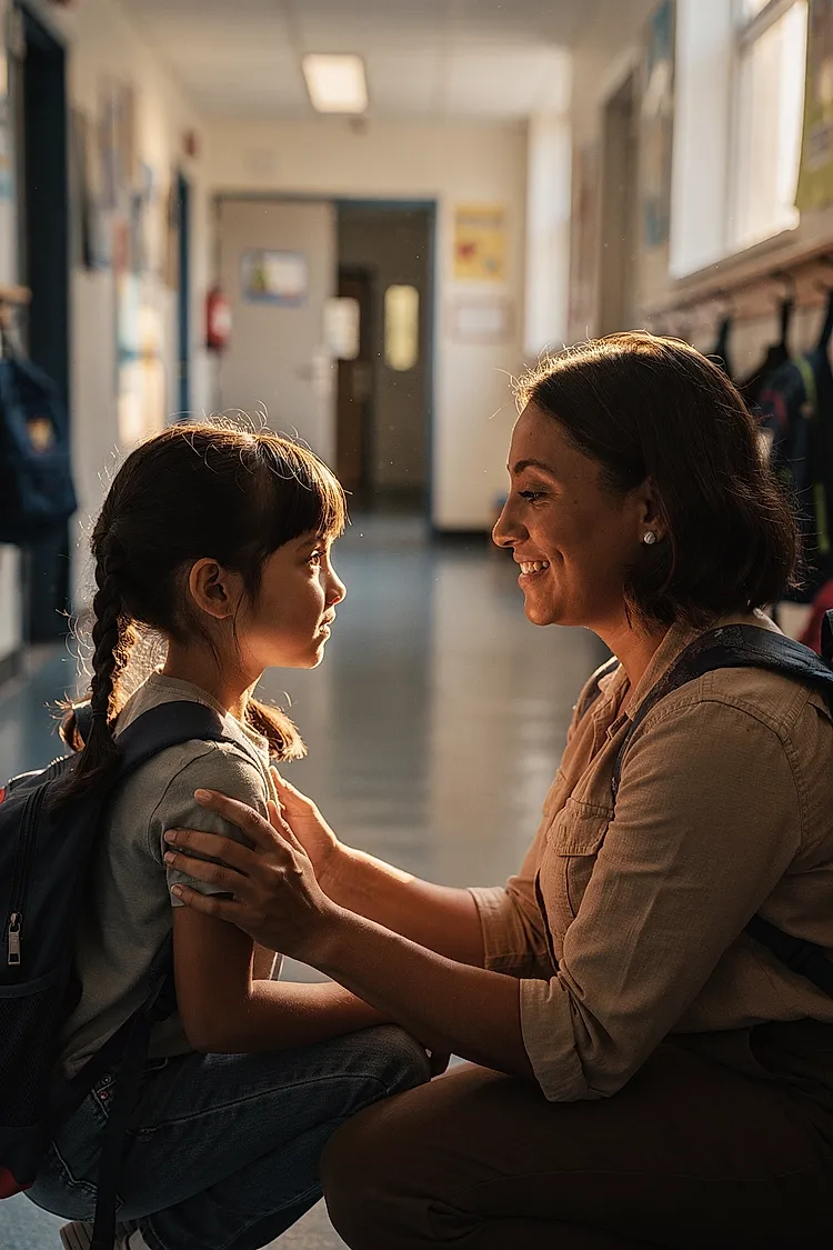 Editorial photo of a parent crouching to eye level with a girl in a school corridor for a short goodbye, both hands on her shoulders, smiling, used in an article about first day of school books