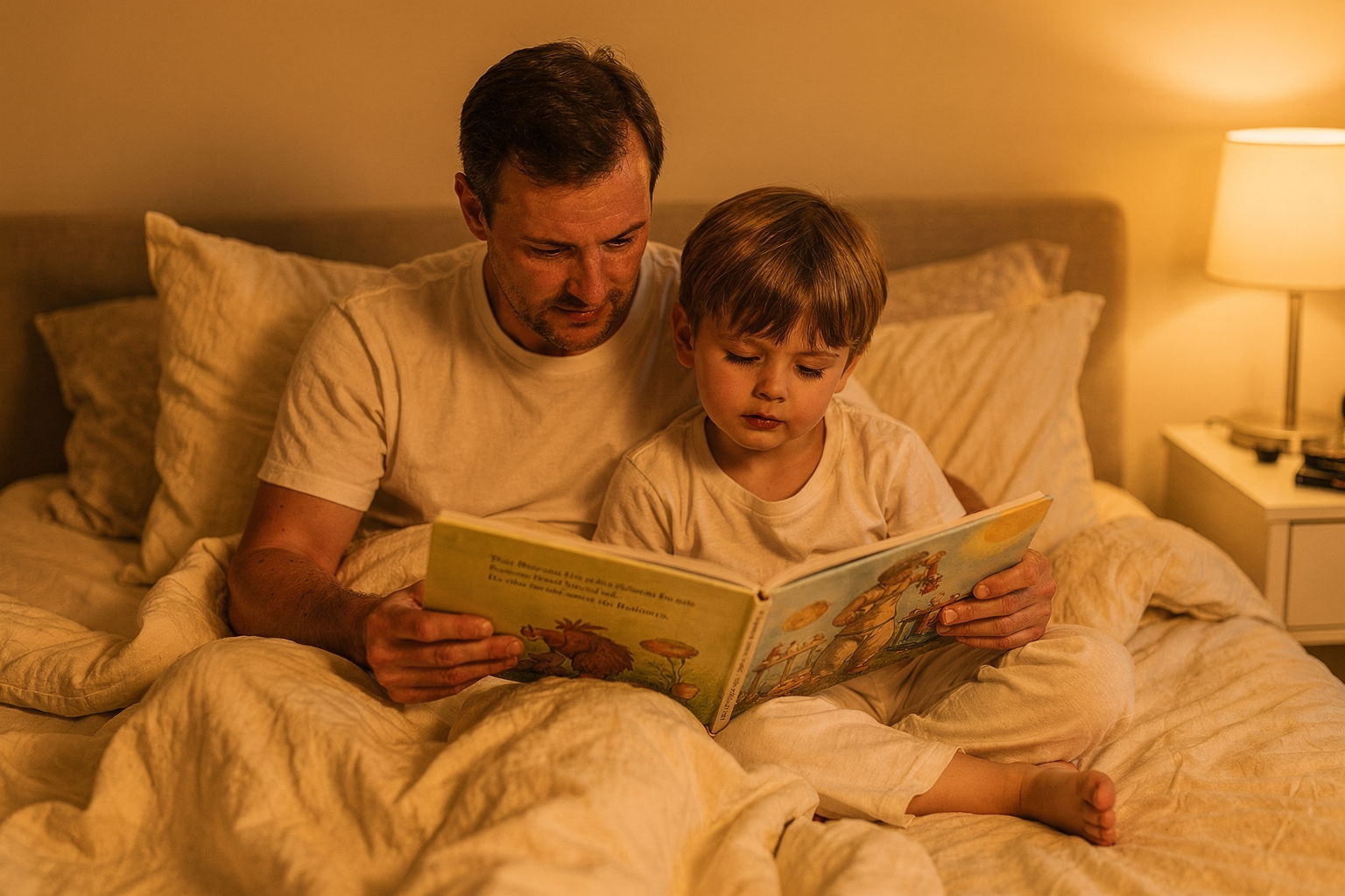 Editorial photo of a parent and five-year-old near the end of a picture book in dim lamp light with the child's eyes growing heavy, used in an article about bedtime stories for 5 year olds