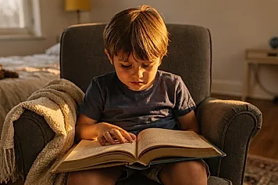 Editorial photo of a five-year-old boy absorbed in reading a chapter book on his own, used in an article about the best books for 5-year-olds