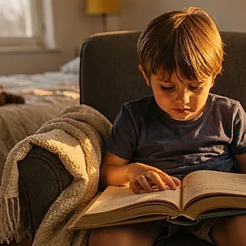 Editorial photo of a five-year-old boy absorbed in reading a chapter book on his own, used in an article about the best books for 5-year-olds