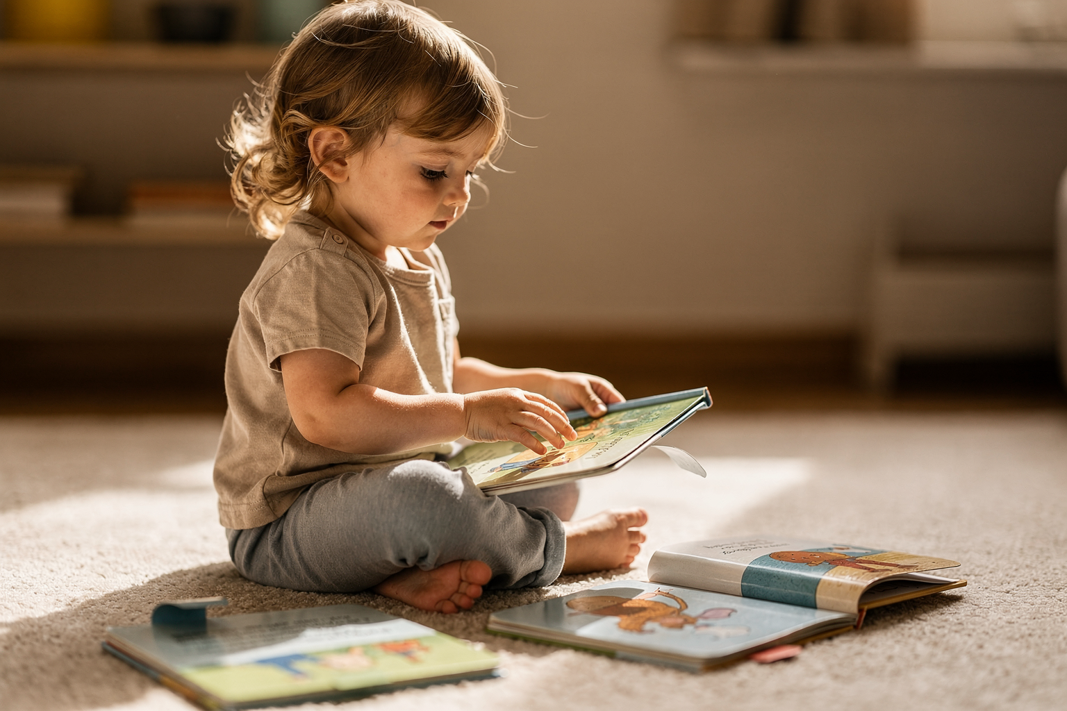 Editorial photo of a toddler with light skin and wavy hair independently exploring several open interactive board books on the floor, self-directed and absorbed, used in an article about interactive books for toddlers