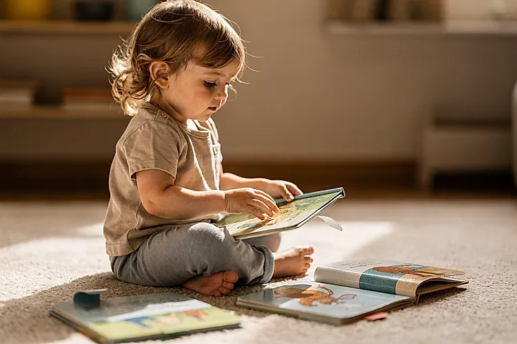 Editorial photo of a toddler with light skin and wavy hair independently exploring several open interactive board books on the floor, self-directed and absorbed, used in an article about interactive books for toddlers