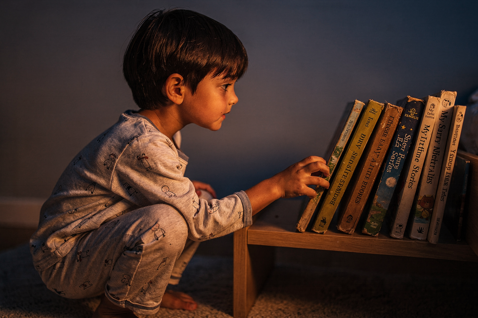 Editorial photo of a young boy with warm copper-toned skin and straight thick dark hair crouching in pajamas to choose a book from a low bedroom shelf, completely unhurried, used in an article about building a short-story bedtime routine