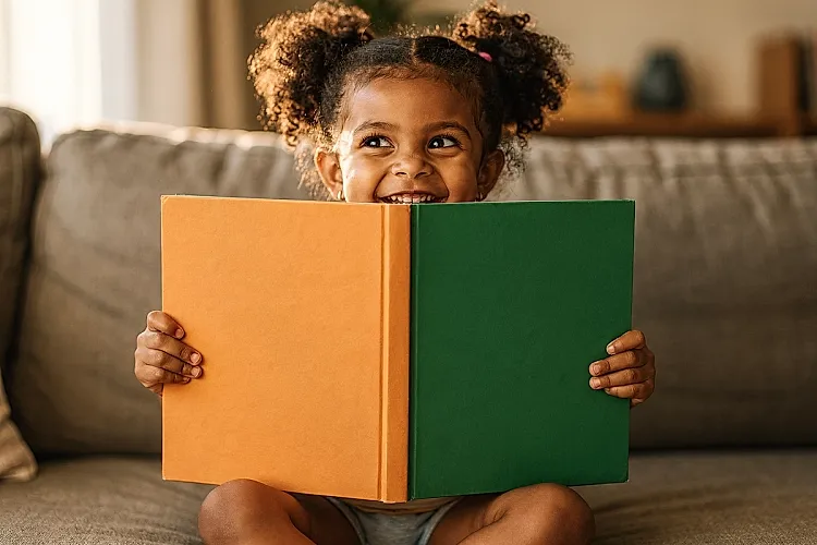 Editorial photo of a toddler girl peeking around the edge of a Halloween board book with one eye wide open and a laugh breaking out, sitting in a bright living room, used in an article about Halloween books for toddlers