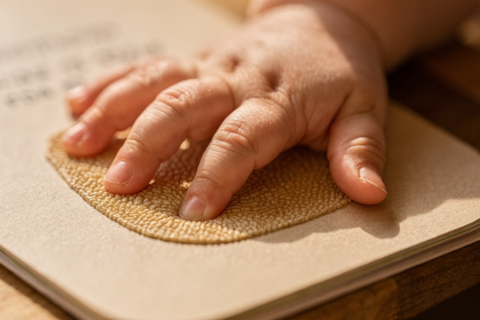 Close-up editorial photo of a toddler's small hand pressing into a textured page in a sensory board book, used in an article about interactive books for toddlers