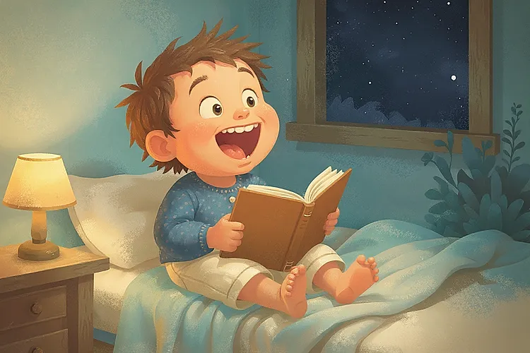 Illustration of a five-year-old belly-laughing with a picture book held open in both hands in a bedroom at night, used in an article about bedtime stories for 5 year olds