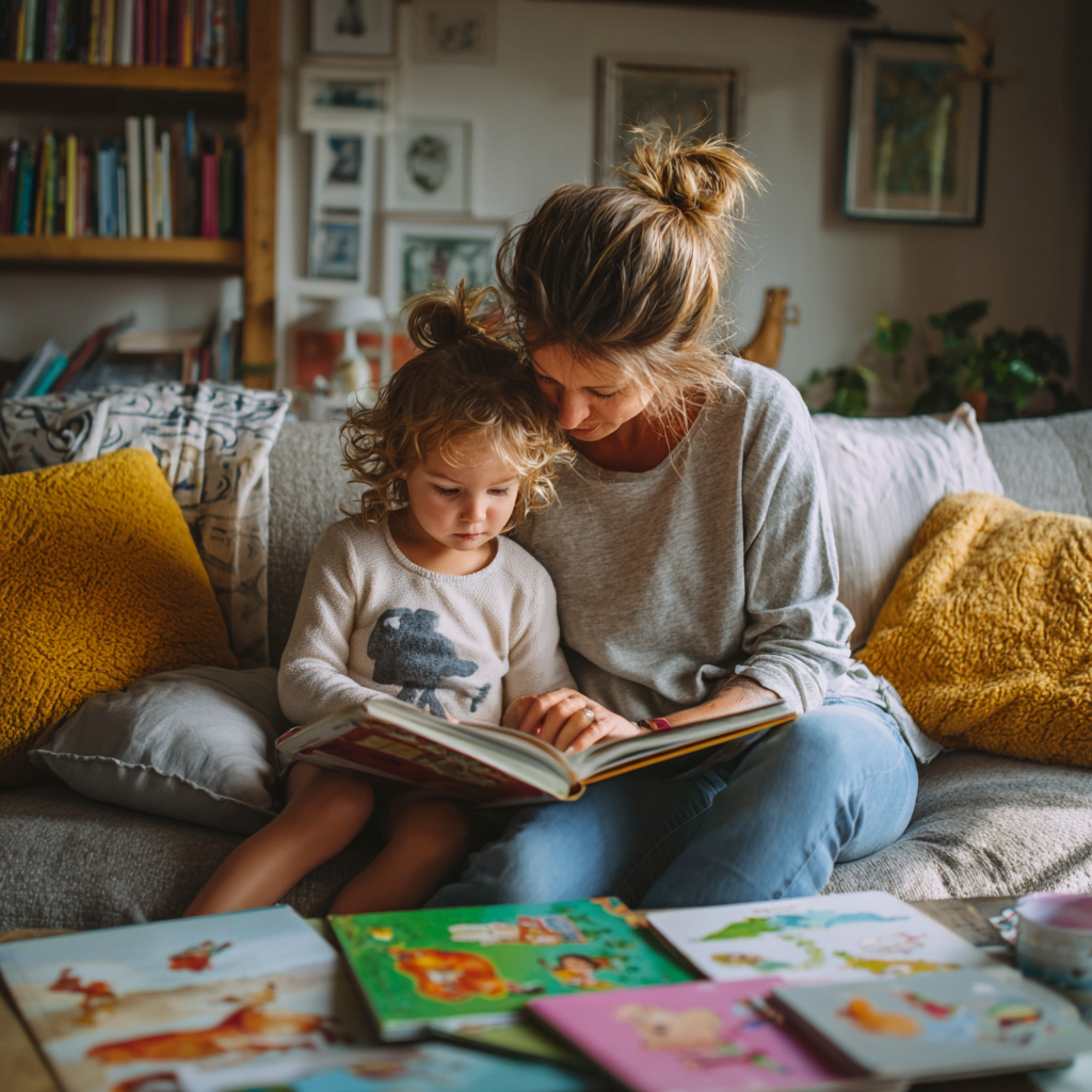 Parent and child reading together on a couch 