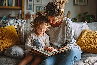 Parent and child reading together on a couch