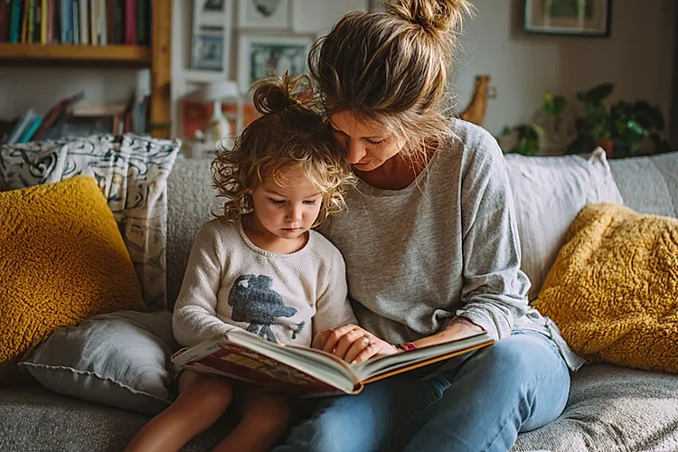 Parent and child reading together on a couch