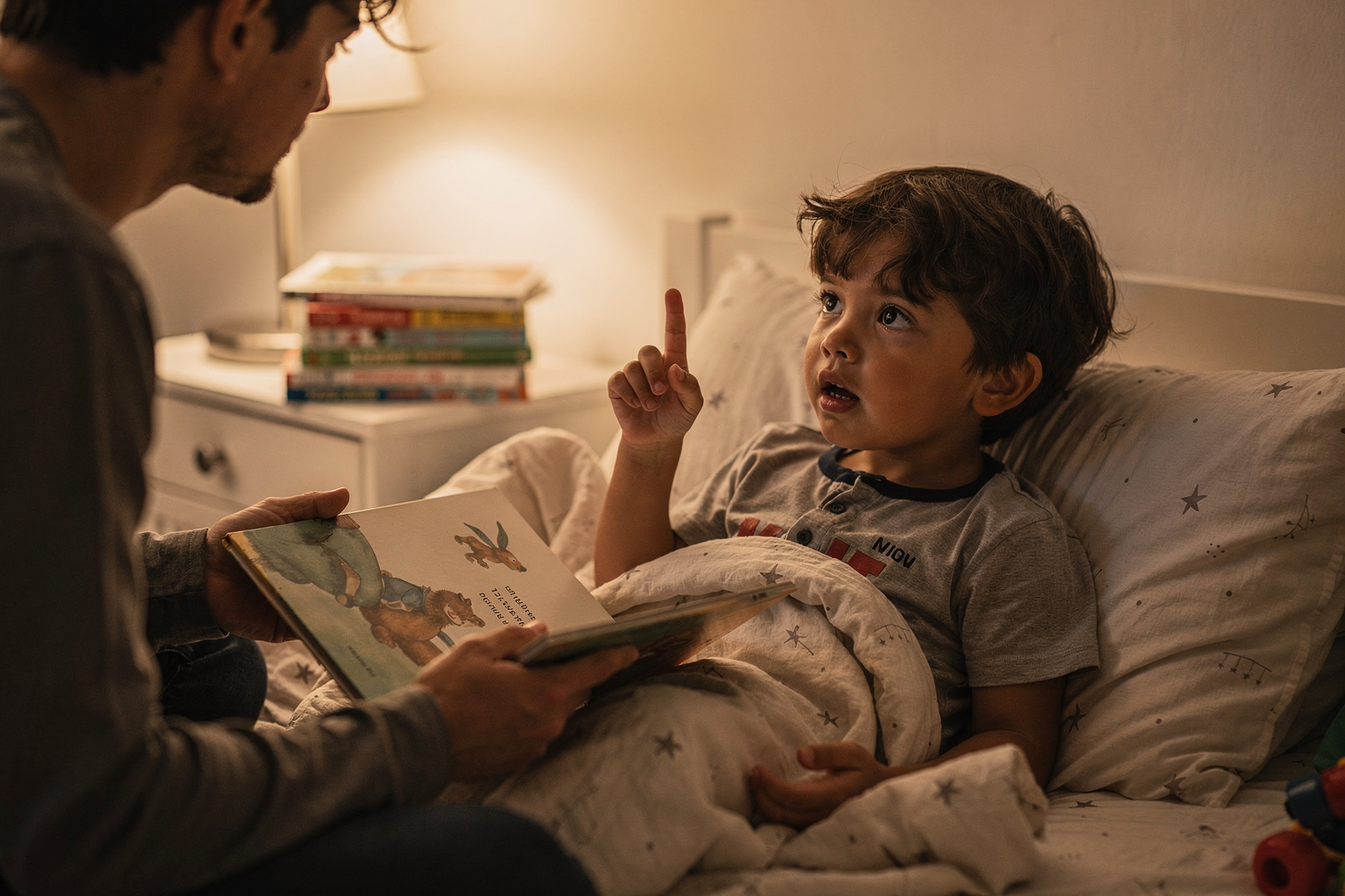 Editorial photo of a 4-year-old boy raising his hand mid-story to ask why while a parent holds an open book and pauses with quiet recognition, used in an article about bedtime stories for 4-year-olds