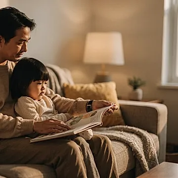 Editorial photo of a young child curled close to a parent on a sofa, going quiet and welling up near the end of a picture book while the parent watches their child's face with quiet wonder, used in an article about picture books about feelings
