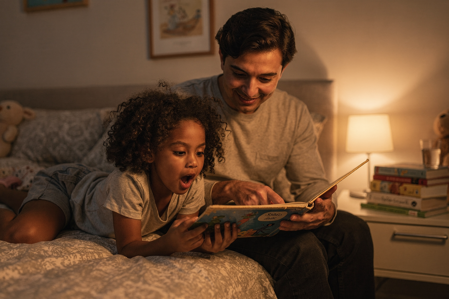 Editorial photo of a parent reading a board book on the edge of a bed while a 3-year-old girl with warm brown skin leans in eagerly, mouth open to say the next word, used in an article about bedtime stories for 3-year-olds