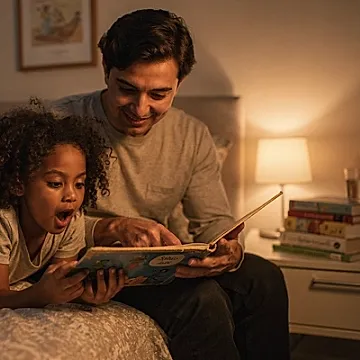Editorial photo of a parent reading a board book on the edge of a bed while a 3-year-old girl with warm brown skin leans in eagerly, mouth open to say the next word, used in an article about bedtime stories for 3-year-olds