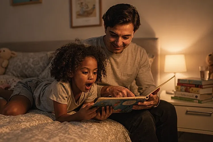 Editorial photo of a parent reading a board book on the edge of a bed while a 3-year-old girl with warm brown skin leans in eagerly, mouth open to say the next word, used in an article about bedtime stories for 3-year-olds