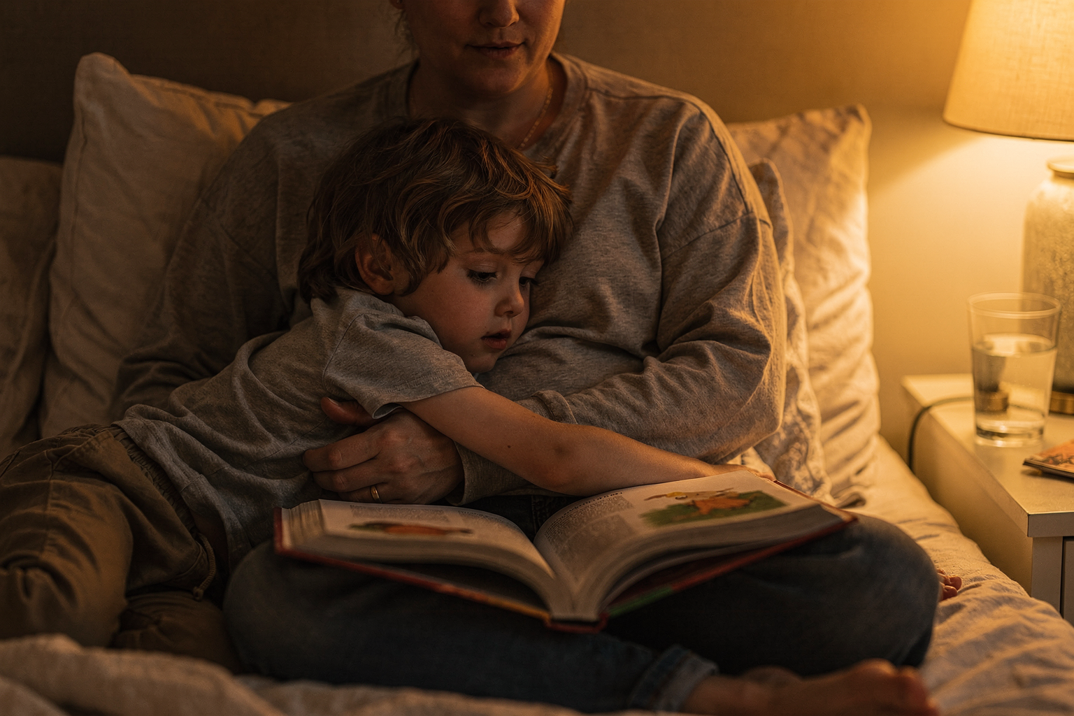 Editorial photo of a boy leaning into a parent's side during bedtime reading with complete physical ease, used in an article about why bedtime stories matter for kids