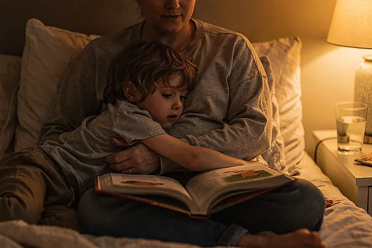 Editorial photo of a boy leaning into a parent's side during bedtime reading with complete physical ease, used in an article about why bedtime stories matter for kids