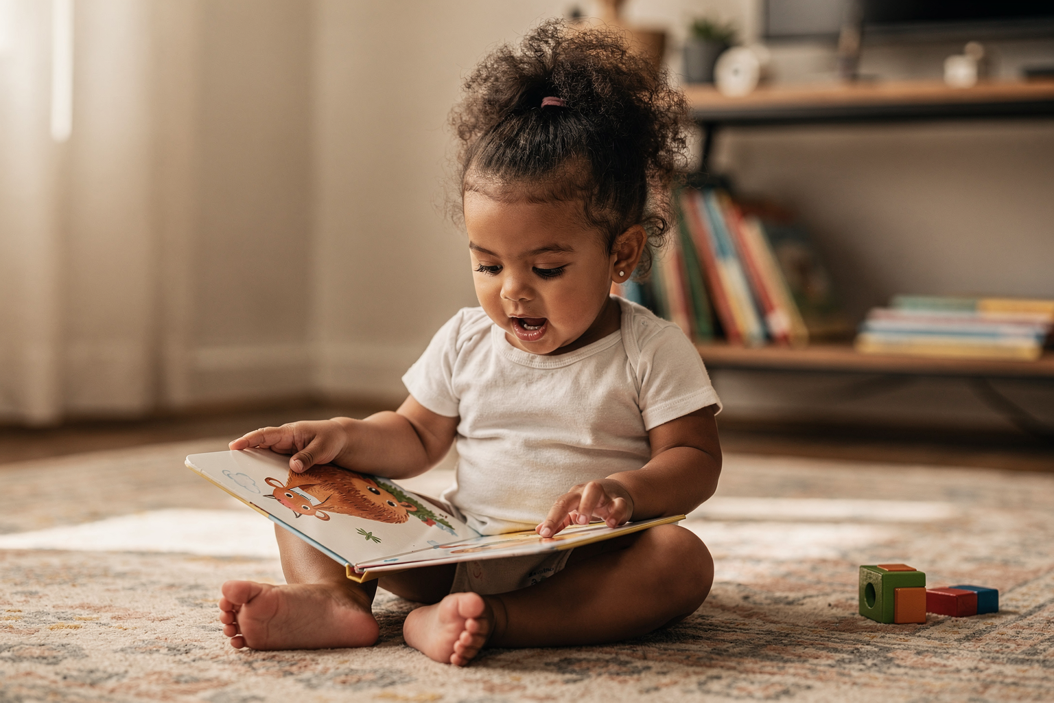 Editorial photo of a 2-year-old girl pointing at an animal in an open board book, fully absorbed, used in an article about the best books for 2-year-olds