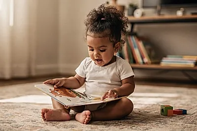 Editorial photo of a 2-year-old girl pointing at an animal in an open board book, fully absorbed, used in an article about the best books for 2-year-olds