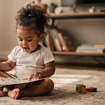Editorial photo of a 2-year-old girl pointing at an animal in an open board book, fully absorbed, used in an article about the best books for 2-year-olds