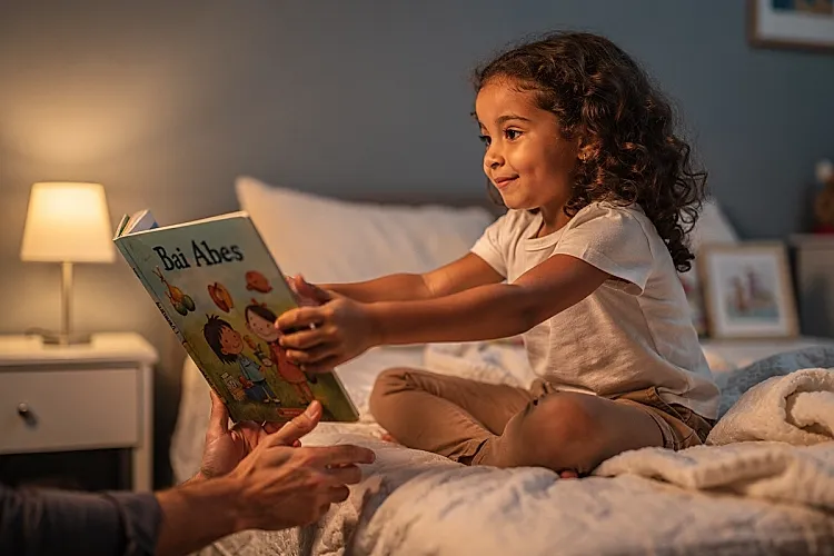 Editorial photo of a multiracial girl with warm medium skin and loose curls bouncing on a bed and extending a picture book toward a parent, captured in the moment of choosing her bedtime story, used in an article about matching short stories to a child's energy level
