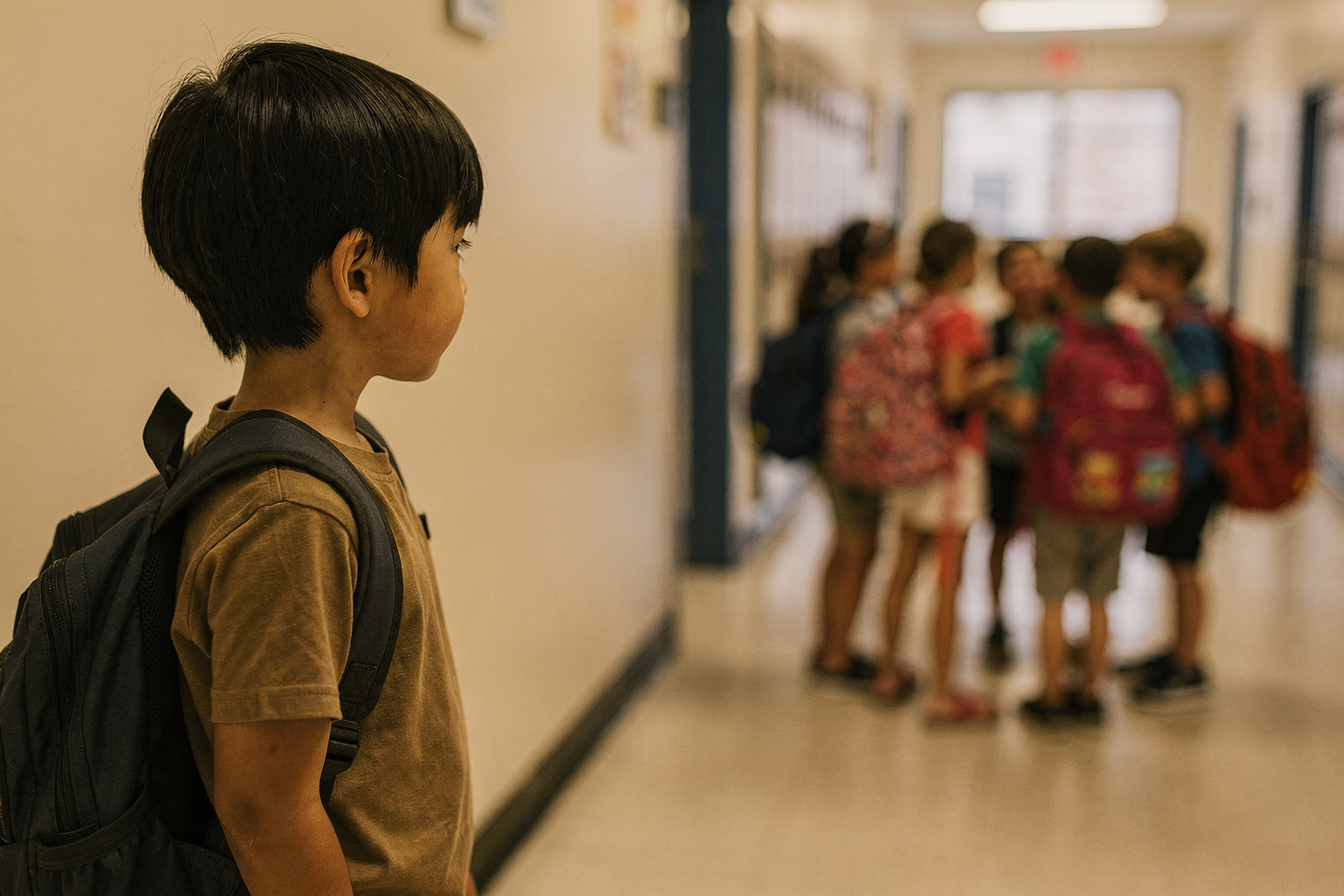 Editorial photo of a boy with a backpack standing at the edge of a school hallway, watching a group of children talking nearby, used in an article about first day of school books