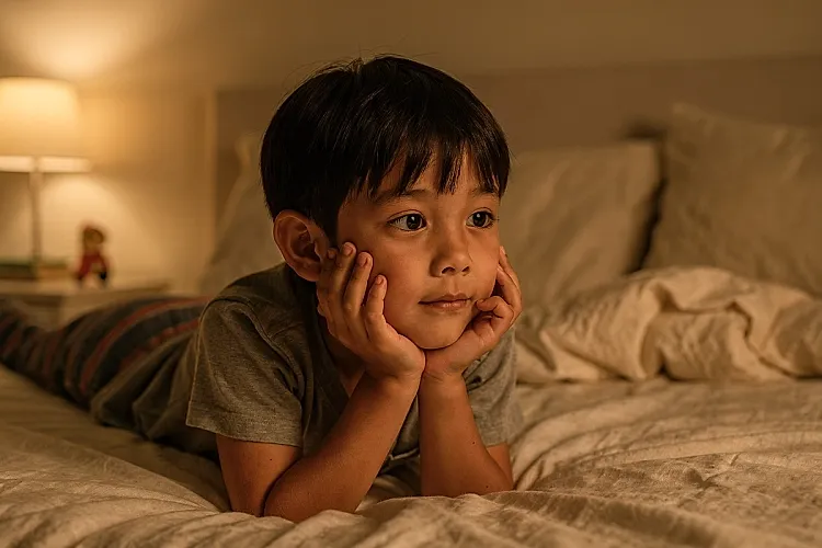 Editorial photo of a young boy leaning forward with rapt attention while listening to a bedtime story, chin on hands and eyes focused, used in an article about how personalized stories improve engagement.