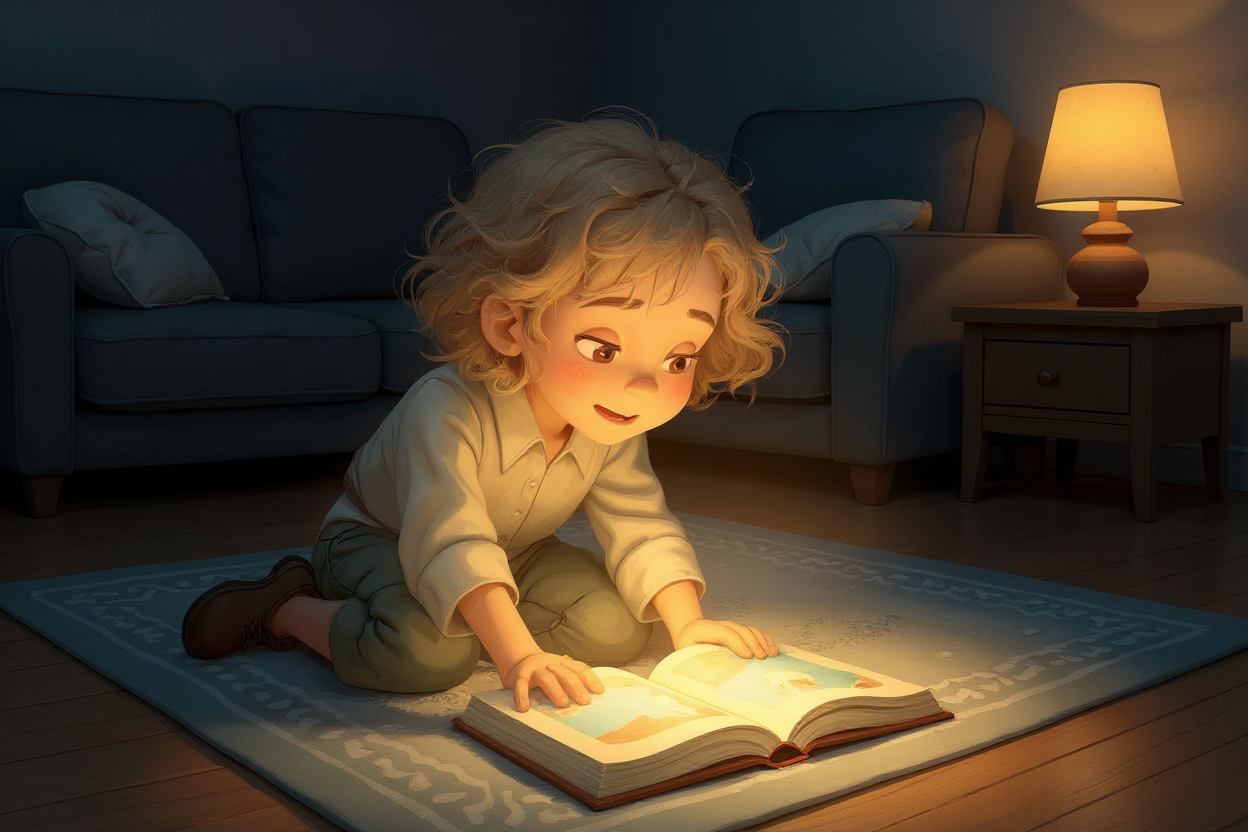 Illustration of a young girl leaning forward into an open picture book as though the story world is pulling her in, warm lamp light falling on her face against cool blue evening shadows, used in an article about how picture books build empathy through rehearsal