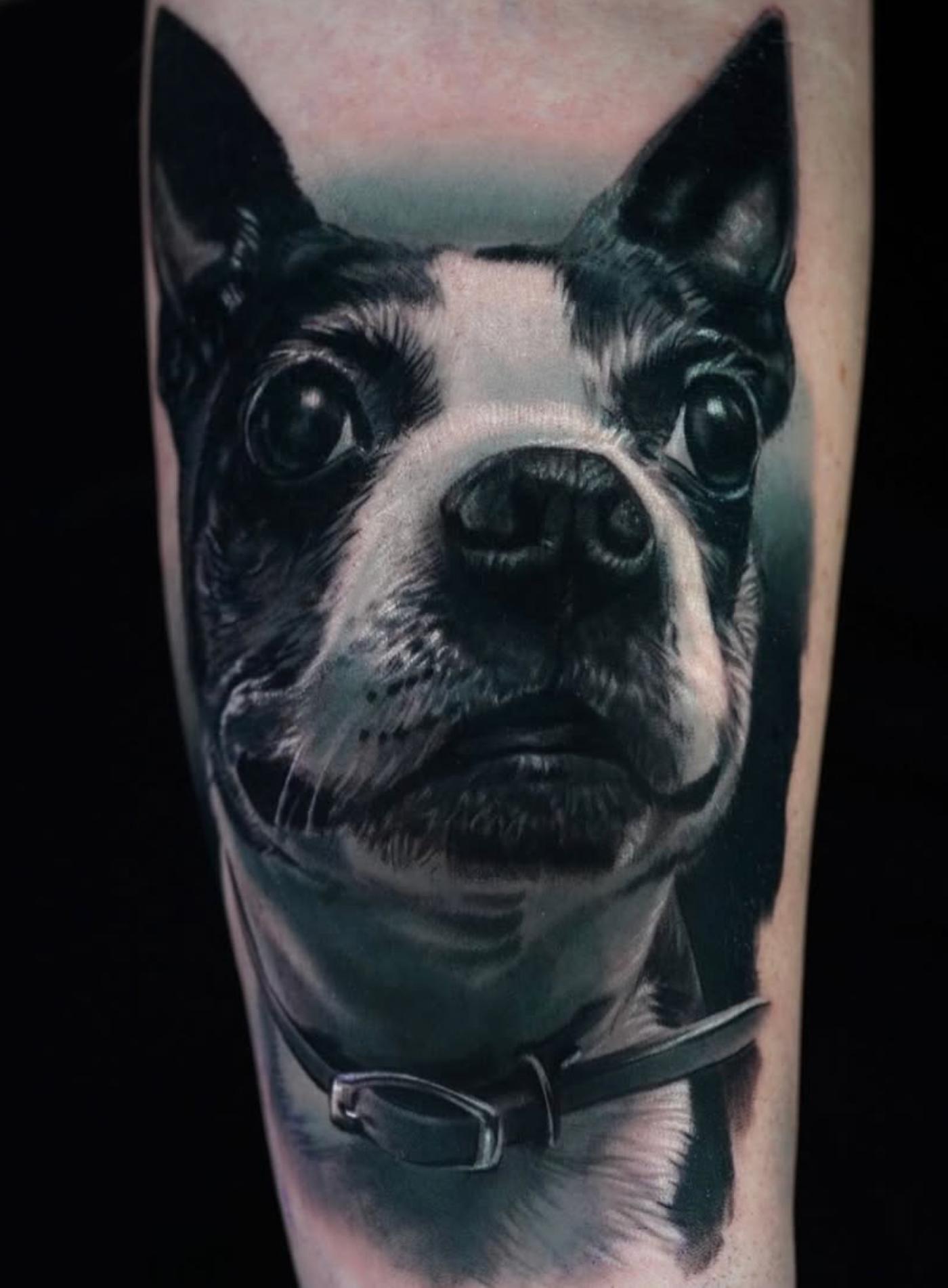 Black and grey realistic dog portrait on forearm