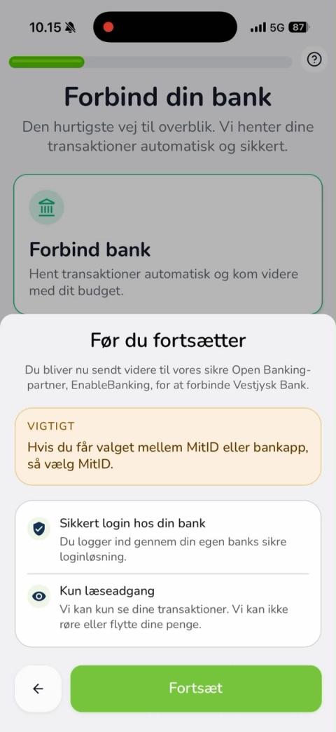 Bekræftelse: Før du fortsætter, sikkert login og kun læseadgang via EnableBanking