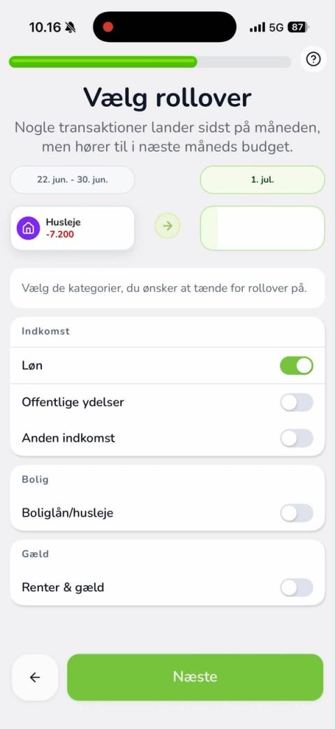 Skærm: Vælg rollover med kategorier som løn og husleje