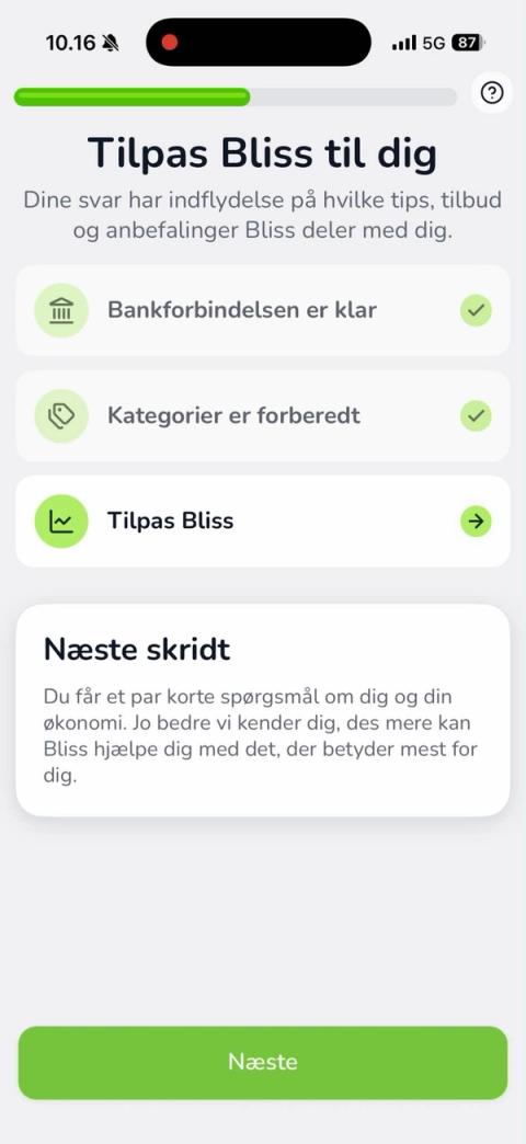 Skærm: Tilpas Bliss til dig med bankforbindelse og kategorier klar
