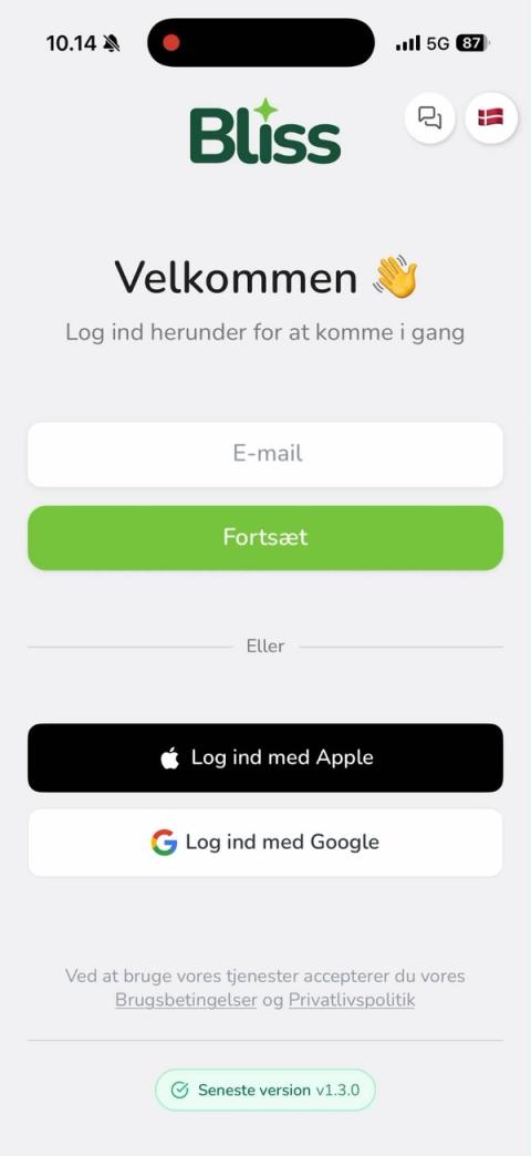 Bliss Budget loginskærm med e-mail samt Log ind med Apple og Google