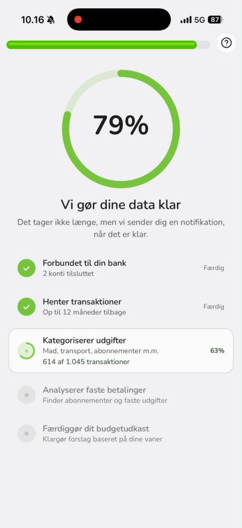 Skærm: Vi gør dine data klar med fremdrift på bankforbindelse, transaktioner og kategorisering