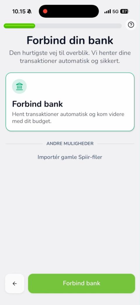 Skærm: Forbind din bank med knappen Forbind bank