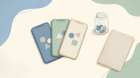 Tre telefoner ved siden af et opsparingsglas og en budgetbog.