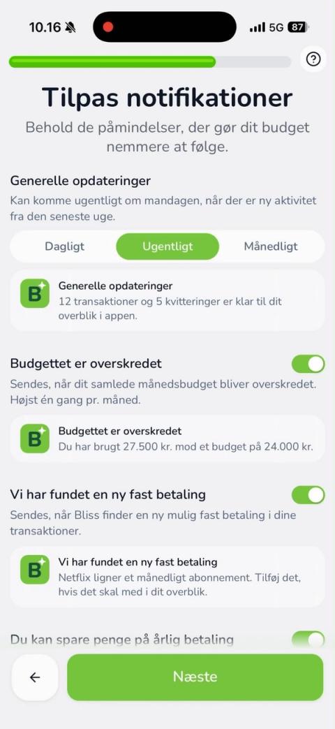 Skærm: Tilpas notifikationer med dagligt, ugentligt eller månedligt og til/fra-knapper