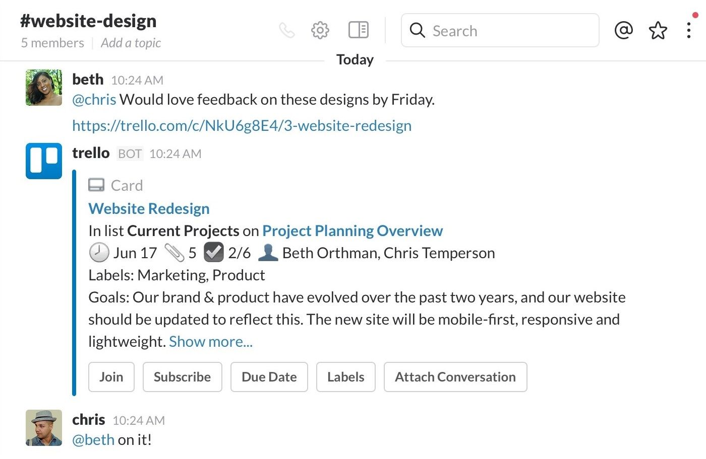 The Trello app for Slack