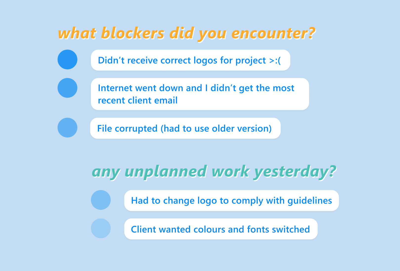 Standup Report Questions for Designers -- blockers and tasks