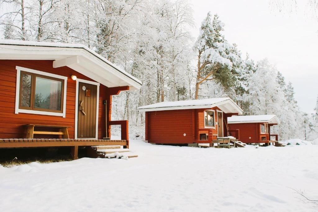 Snow-covered red cottages and frosty forest