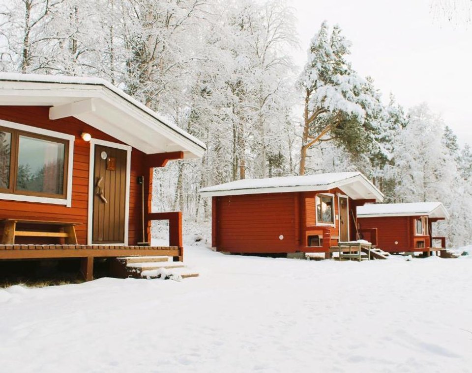 Snow-covered red cottages and frosty forest