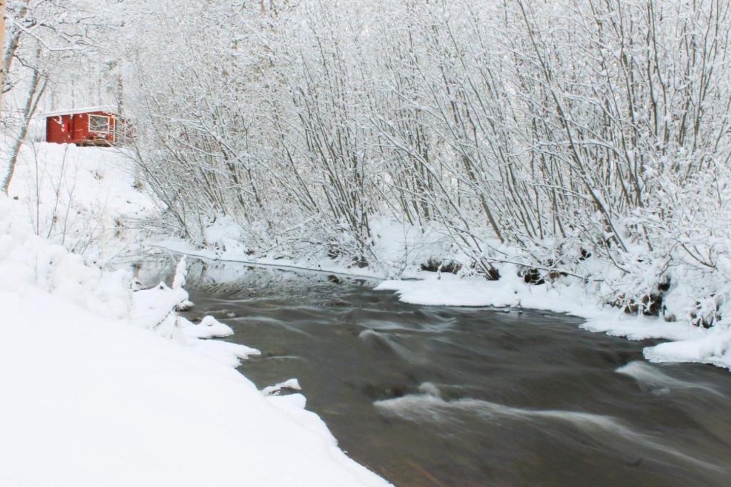 Flowing water between snowy riverbanks