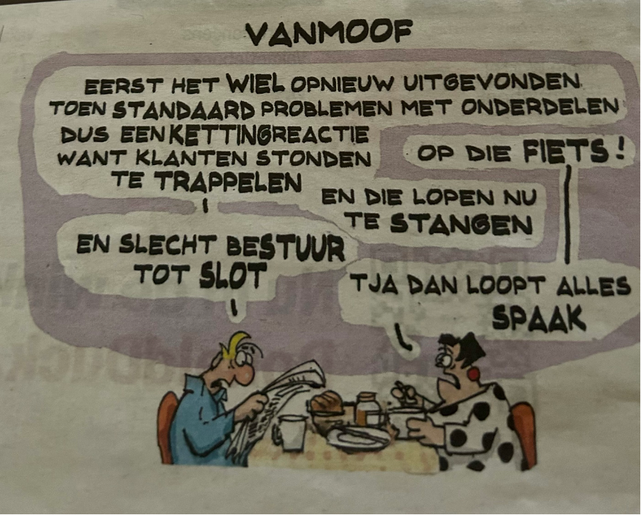 Krantencartoon 'VanMoof': stel aan het ontbijt maakt fietswoordgrappen, eindigend met 'Tja dan loopt alles spaak'
