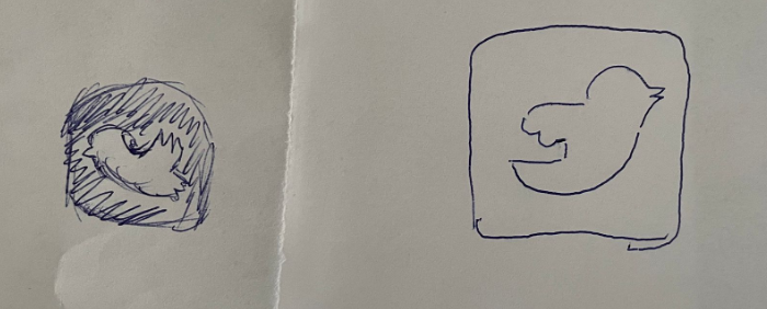 Twee kindertekeningen in balpen van het Twitter-logo: de vogel in een vierkant