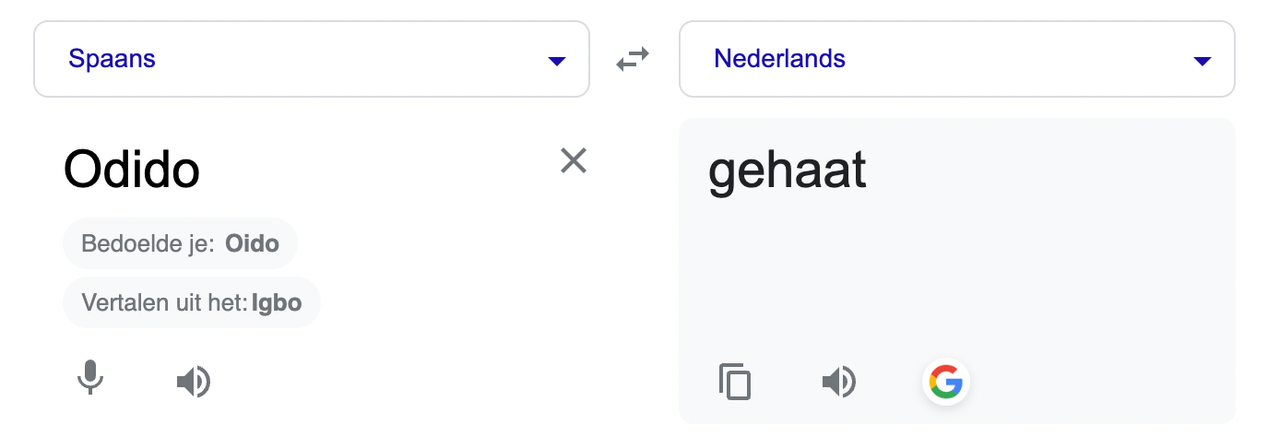 Screenshot van Google Translate: 'Odido' vertaald uit het Spaans naar het Nederlands geeft 'gehaat'