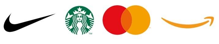 Rij bekende beeldmerken: de swoosh van Nike, de zeemeermin van Starbucks, de bollen van Mastercard en de smile van Amazon
