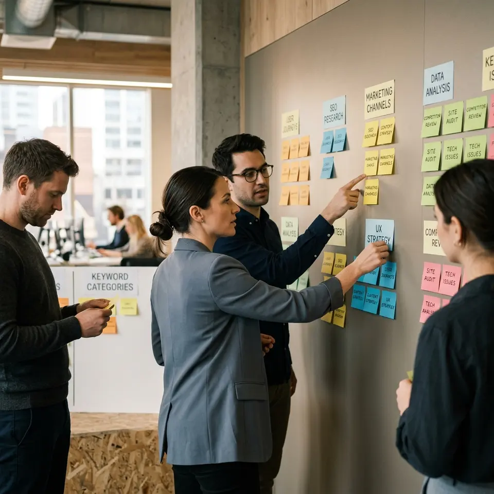 Candid B2B editorial illustration representing: Intent Clustering: How to Organize 10,000 Keywords into a Site Architecture