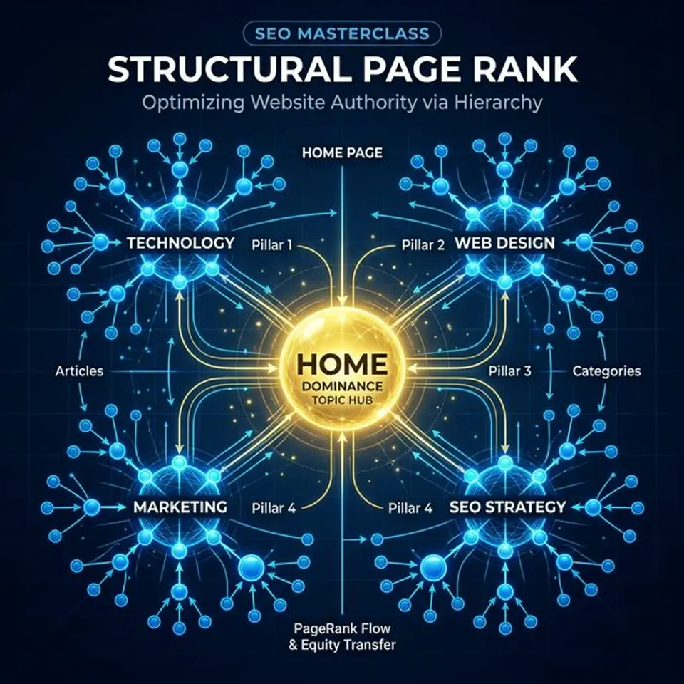 Semantic siloing hub-and-spoke PageRank flow diagram for internal linking architecture