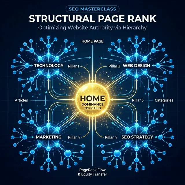 Semantic siloing hub-and-spoke PageRank flow diagram for internal linking architecture