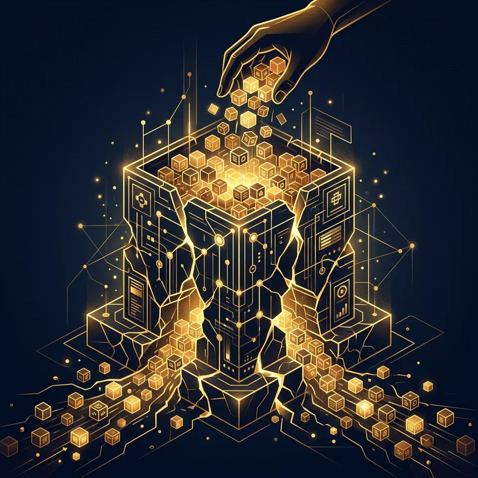 Conceptual illustration of a digital bucket overflowing with blocks while the core structure cracks, representing the SEO content trap.